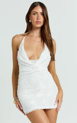 Palmer Mini Dress - Plunge Cowl Neck Backless Lace Dress in Ivory