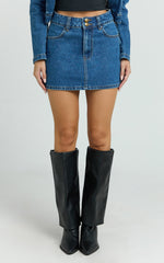 Pamela Mini Skirt - Low Rise Double Button Recycled Denim Skirt in Dark Blue Wash