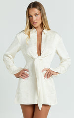 Paola Mini Dress - Tie Front Collared Skirt Dress in Off White