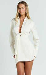 Paola Mini Dress - Tie Front Collared Skirt Dress in Off White