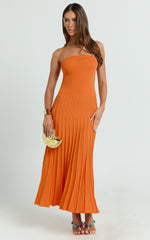 Paris Midi Dress - Strapless Drop Waist Pleated Knit Dress in Orange