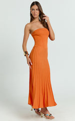 Paris Midi Dress - Strapless Drop Waist Pleated Knit Dress in Orange