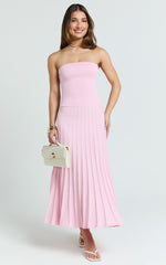 Paris Midi Dress - Strapless Drop Waist Pleated Knit Dress in Pink