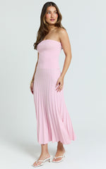 Paris Midi Dress - Strapless Drop Waist Pleated Knit Dress in Pink