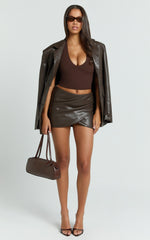 Patricia Mini Skirt - Mid Rise Fitted Patent Leather Skirt in Chocolate