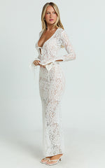 Paula Maxi Dress - Lace V Neck Long Sleeve Column Dress in White