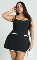 Pauline Mini Dress - Contrast Square Neck Fit and Flare Dress in Black