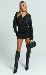 Pearce Mini Dress - Ruched Jersey Shirt Dress in Black