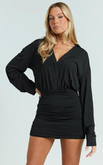 Pearce Mini Dress - Ruched Jersey Shirt Dress in Black