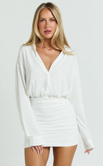 Pearce Mini Dress - Ruched Jersey Shirt Dress in White