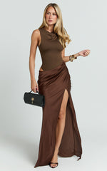 Pepper Maxi Dress - High Neck Bodysuit with Draped Skirt in Chocolate