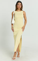 Perrie Midi Dress - High Neck Sleeveless Scoop Back Fitted Leg Split Skirt Dress in Lemon