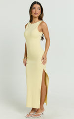 Perrie Midi Dress - High Neck Sleeveless Scoop Back Fitted Leg Split Skirt Dress in Lemon