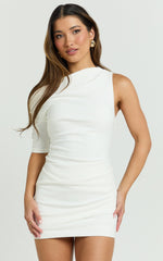 Petra Mini Dress - Tipped Asymmetric One Sleeve Fitted Ruched Skirt Dress in White