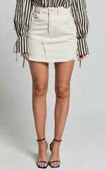 Pieta Mini Skirt - Recycled Cotton Raw Hem Denim Skirt in Ecru