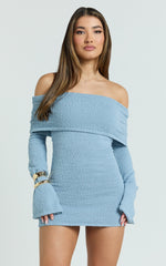 Pietra Mini Dress - Knitted Off Shoulder Dress in Baby Blue