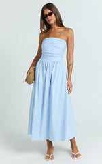 Polly Midi Dress - Strapless Ruched Dress in Blue
