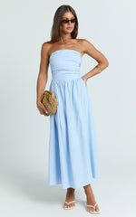 Polly Midi Dress - Strapless Ruched Dress in Blue
