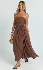 Polly Midi Dress - Strapless Ruched Dress in Chocolate