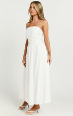 Polly Midi Dress - Strapless Ruched Dress in White