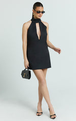 Polly Mini Dress - High Neck Keyhole Shift Dress in Black