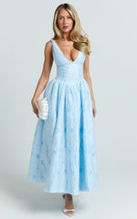 Posie Midi Dress - Jacquard Fit And Flare Dress in Blue