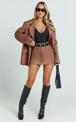Priscilla Mini Skirt - Mid Waist Faux Suede Skirt in Brown Tan