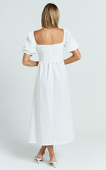 Quinn Midi Linen Blend Dress - Puff Sleeve Square Neck Dress in White