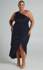 Felt So Happy Midi Dress - One Shoulder Drape Dress in Navy