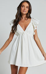 Raiza Mini Dress - Ruffle Sleeve Tie Back Plunge Dress in Off White