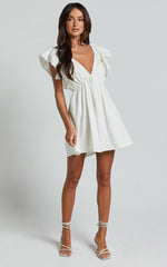 Raiza Mini Dress - Ruffle Sleeve Tie Back Plunge Dress in Off White