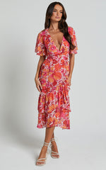 Ramela Midi Dress - V Neck Short Flutter Sleeve Frill Detail Wrap Dress in Paradise Floral