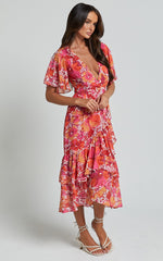 Ramela Midi Dress - V Neck Short Flutter Sleeve Frill Detail Wrap Dress in Paradise Floral