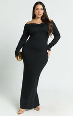 Rani Maxi Dress - Off Shoulder Long Sleeve Bodycon Dress in Black