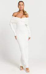 Rani Maxi Dress - Off Shoulder Long Sleeve Bodycon Dress in Off White