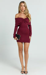 Rani Mini Dress - Off Shoulder Long Sleeve Bodycon Dress in Wine