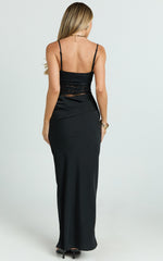 Rania Maxi Dress - Contrast Lace Bodice Bias Cowl Drop Waist Dress in Black