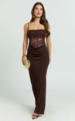 Rania Maxi Dress - Contrast Lace Bodice Bias Cowl Drop Waist Dress in Chocolate