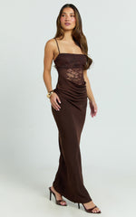 Rania Maxi Dress - Contrast Lace Bodice Bias Cowl Drop Waist Dress in Chocolate