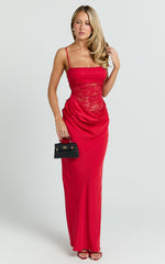Rania Maxi Dress - Contrast Lace Bodice Bias Cowl Drop Waist Dress in Red