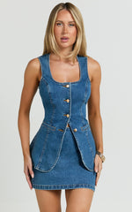 Raquel Top - Denim Scoop Neck Button Down Vest in Dark Blue Wash