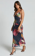 Rashida Midi Dress - V Neck Mesh Printed Dress in Floral Blur