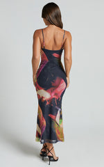 Rashida Midi Dress - V Neck Mesh Printed Dress in Floral Blur