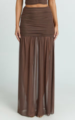 Ray Maxi Skirt - Mesh Ruched Side Split Maxi Skirt in Chocolate