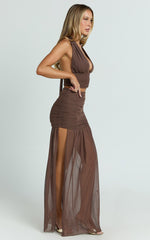 Ray Maxi Skirt - Mesh Ruched Side Split Maxi Skirt in Chocolate