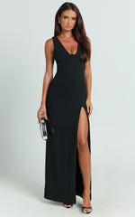 Raya Maxi Dress - Deep V Neck Low Back Bodycon Dress in Black