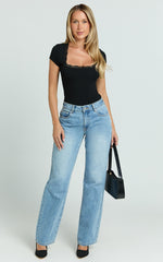 Raymond Bodysuit - Lace Square Neck Short Sleeve Bodysuit in Black