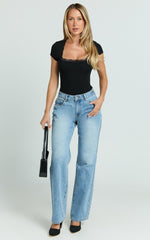 Raymond Bodysuit - Lace Square Neck Short Sleeve Bodysuit in Black