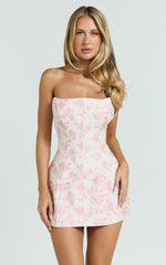 Reece Mini Dress - Strapless Fitted Bodice Tulip Skirt Brocade Dress in Pink