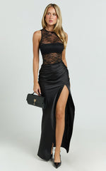 Reeves Maxi Dress - Contrast Lace High Neck Fitted Satin Dress in Black